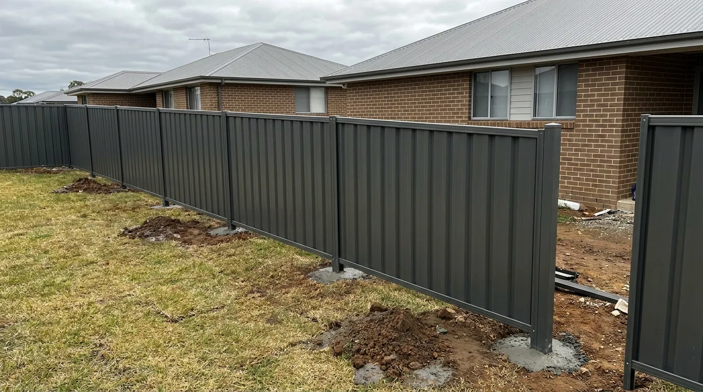 Newly installed Colorbond fence panels between steel posts in a suburban backyard