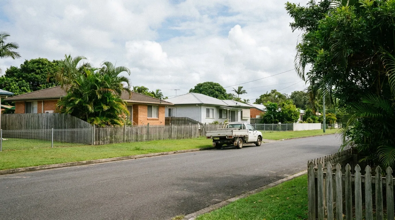 Residential street with palms, brick homes and timber front fences
