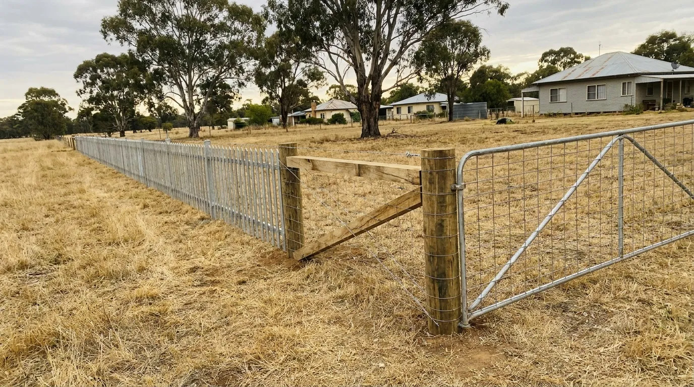 New rural ringlock fence with a timber strainer post and galvanised farm gate